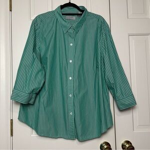 Liz Claiborne Green and White Striped Cotton Blouse 3/4 Sleeve